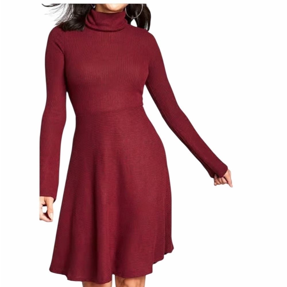 ModCloth Burgundy Ribbed Turtleneck Fit & Flare Dress Large Classic Academia